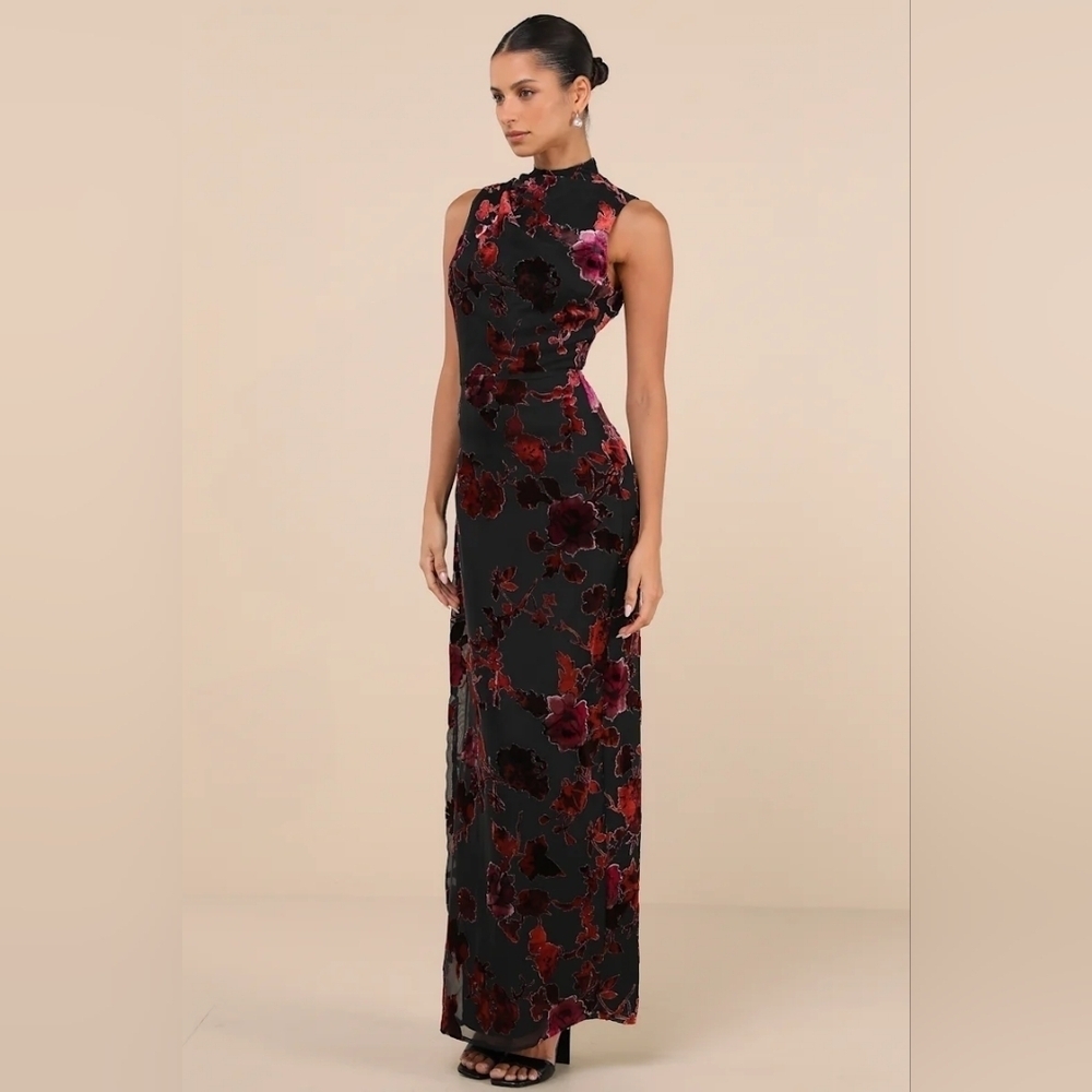 Lulus Composed Glamour Black Burnout Velvet Mock Neck Maxi Dress Wedding Party - Picture 3 of 9